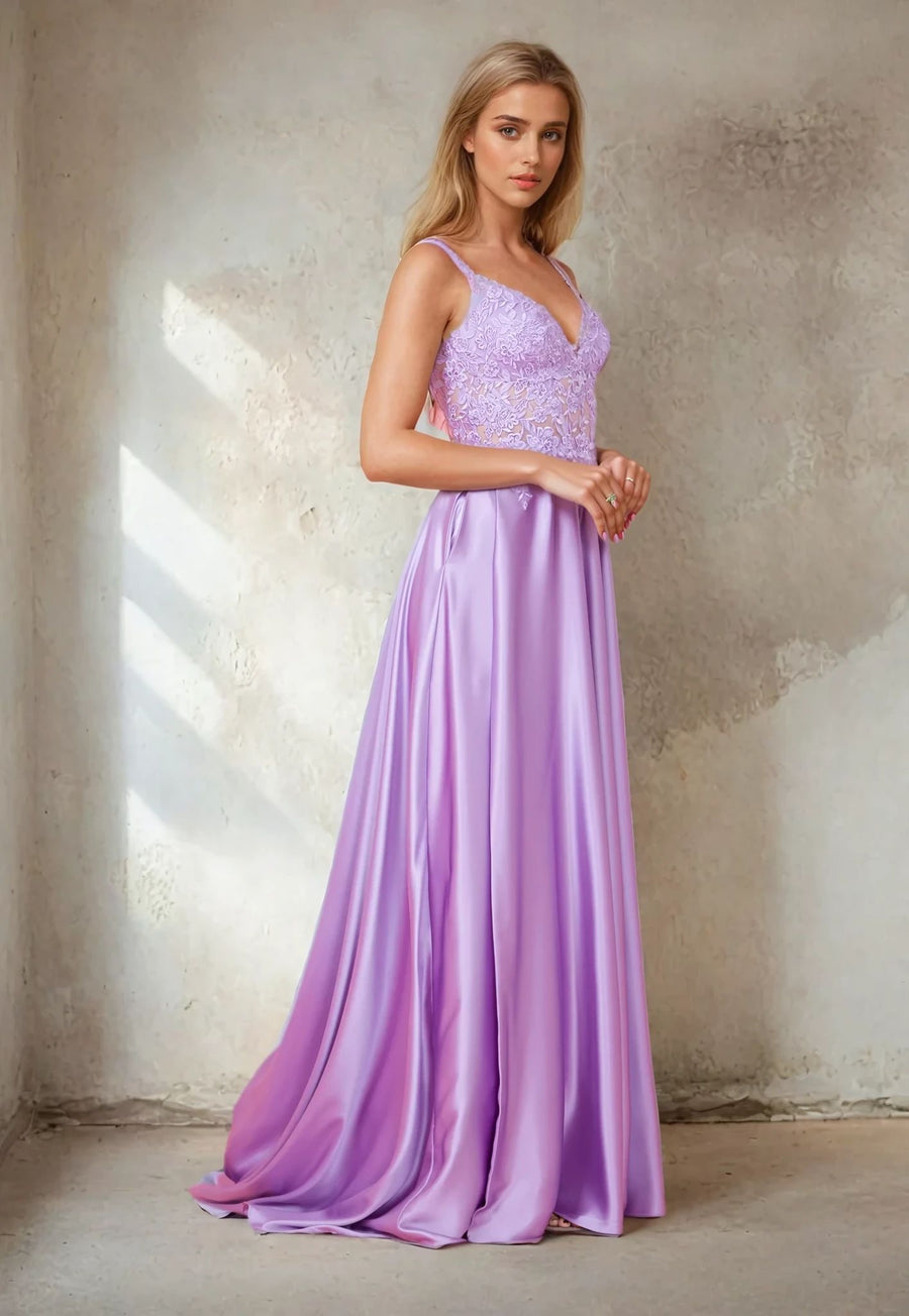 Kos Couture Vestido Largo de Gasa y Encaje Ilusión Formal para Graduación