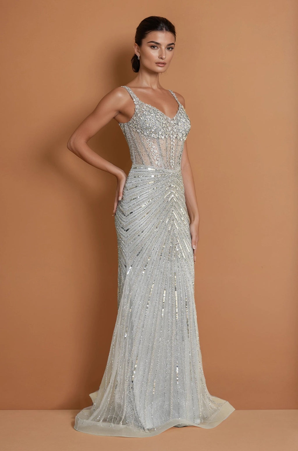 Vestido de Alta Costura Largo Formal con Abalorios a Mano y Lentejuelas Carbón