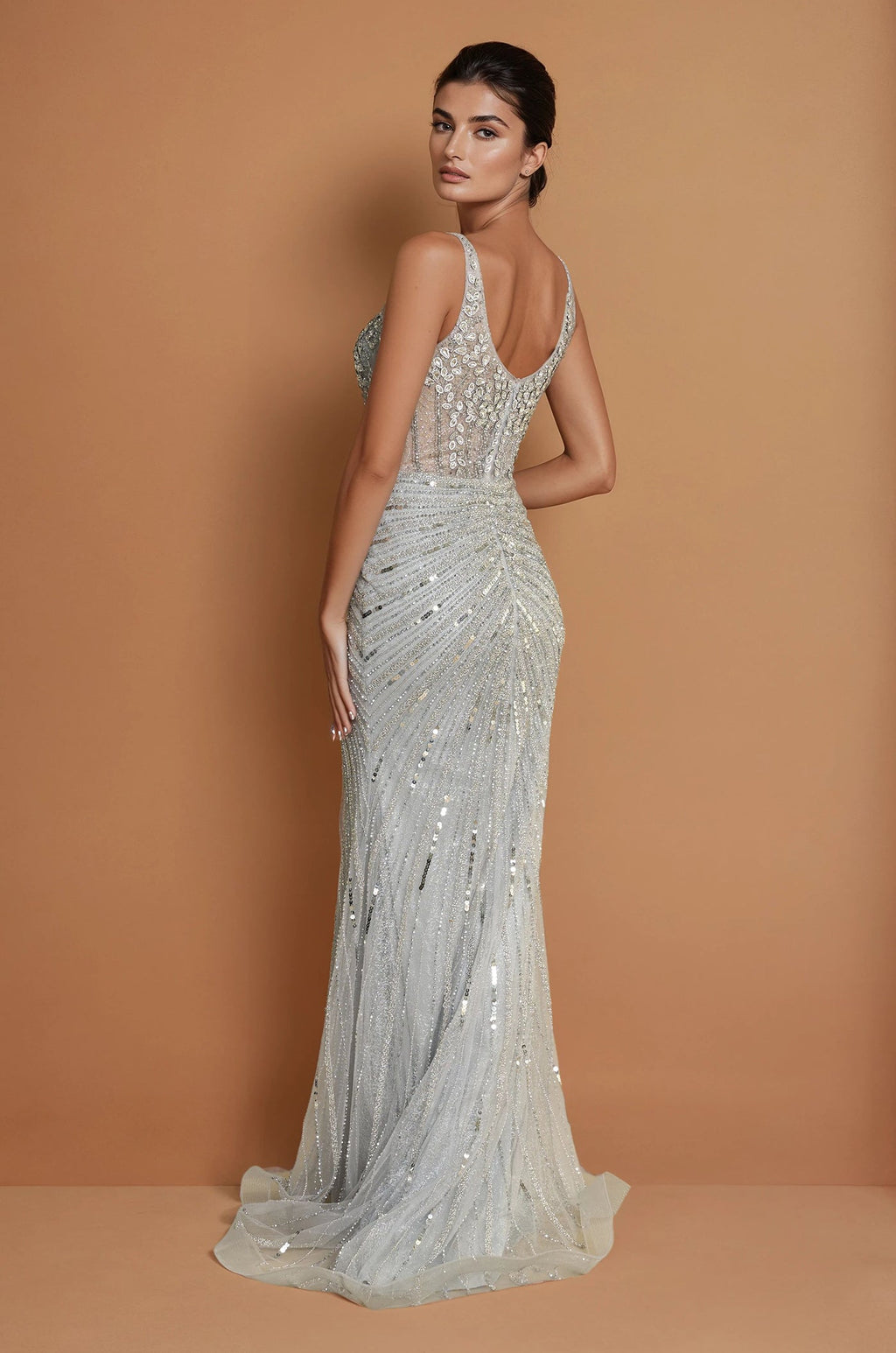 Vestido de Alta Costura Largo Formal con Abalorios a Mano y Lentejuelas Carbón