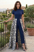 Mono Formal de Crepé Elástico con Sobrefalda de Jacquard Floral Azul Marino