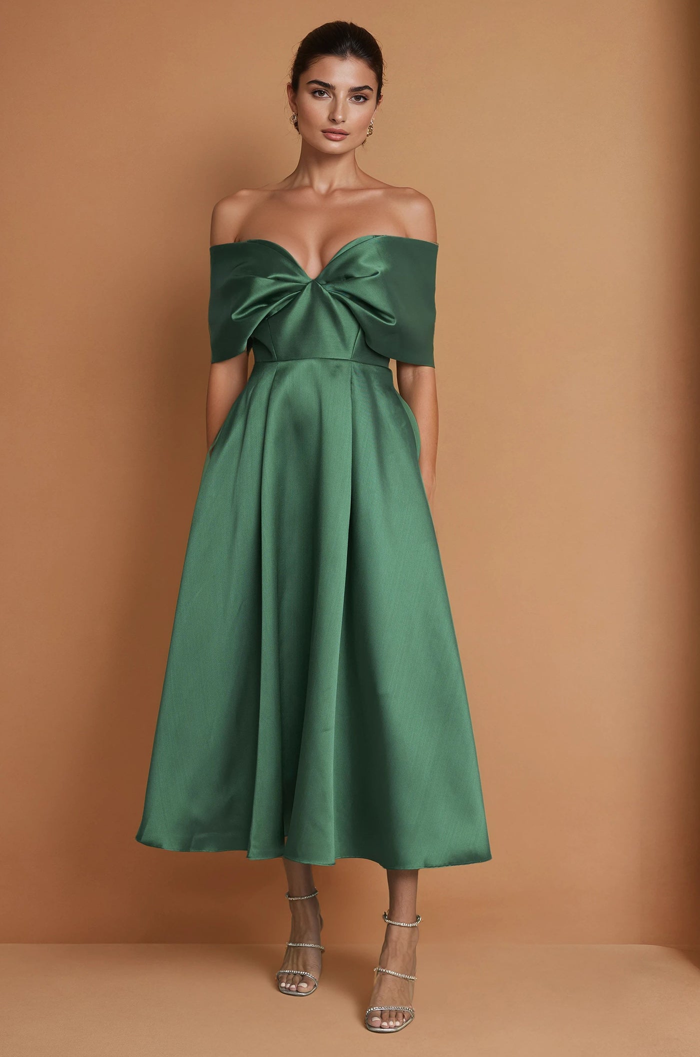 Vestido de Cóctel Midi Formal con Mangas de Hombros Descubiertos Verde Esmeralda