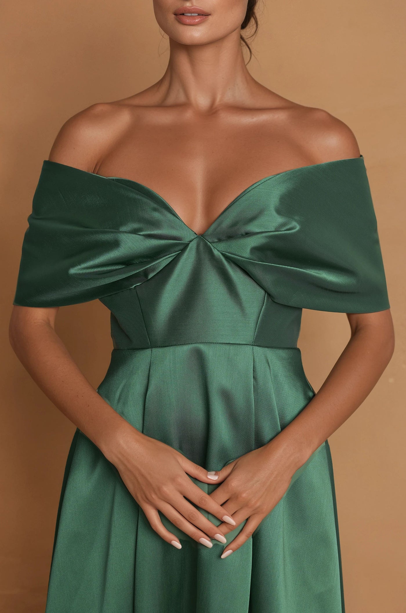 Vestido de Cóctel Midi Formal con Mangas de Hombros Descubiertos Verde Esmeralda