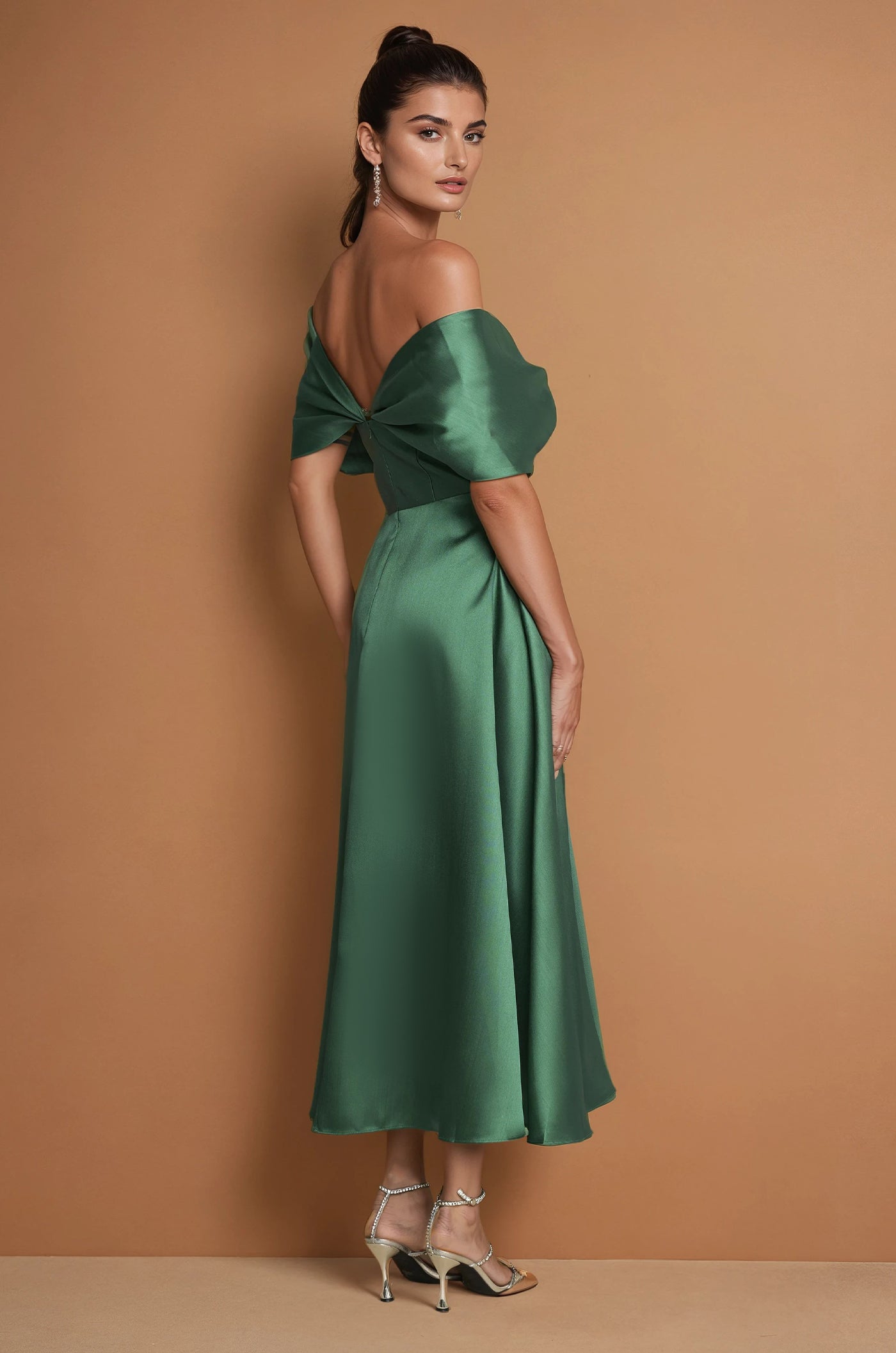 Vestido de Cóctel Midi Formal con Mangas y Hombros Descubiertos Verde Esmeralda