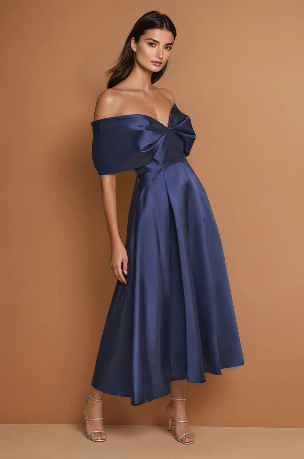 Vestido de Cóctel Formal Midi con Hombros Descubiertos Azul Marino