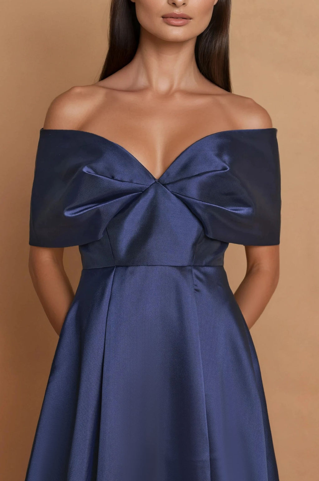 Vestido de Cóctel Formal Midi con Hombros Descubiertos Azul Marino