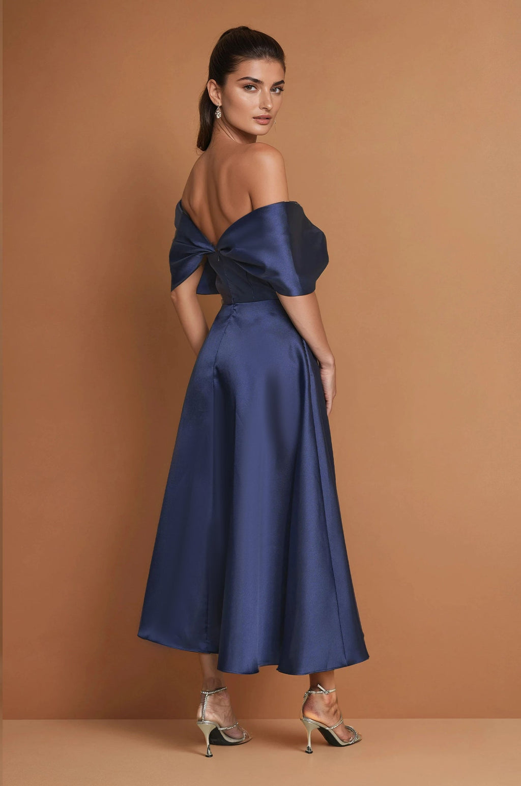 Vestido de Cóctel Midi Formal Hombros Descubiertos Azul Marino