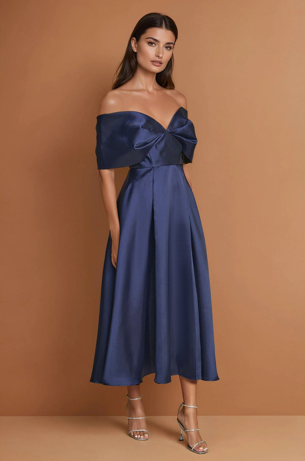 Vestido de Cóctel Midi Formal Hombros Descubiertos Azul Marino