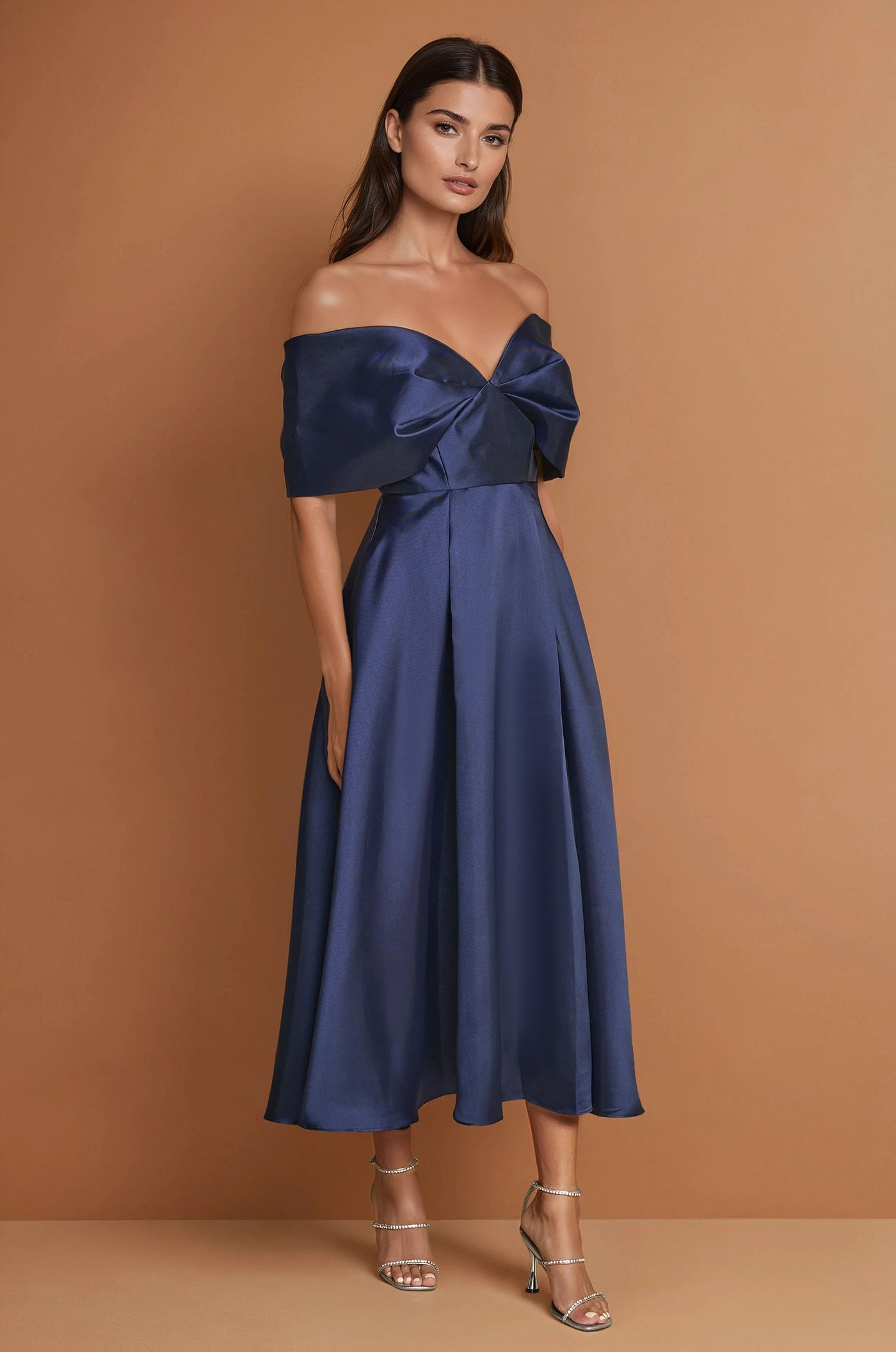Vestido de Cóctel Midi Formal Hombros Descubiertos Azul Marino