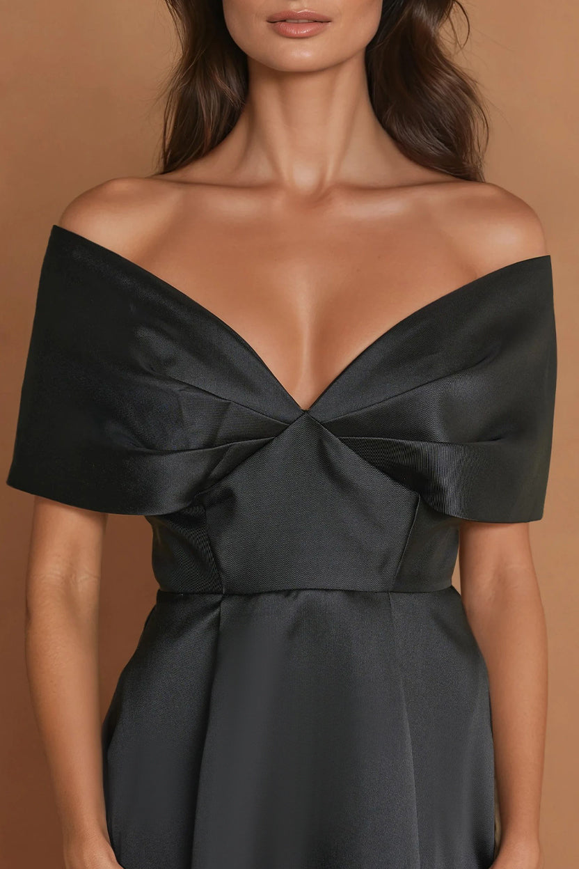 Vestido de Cóctel Formal Midi con Mangas de Hombros Descubiertos Negro