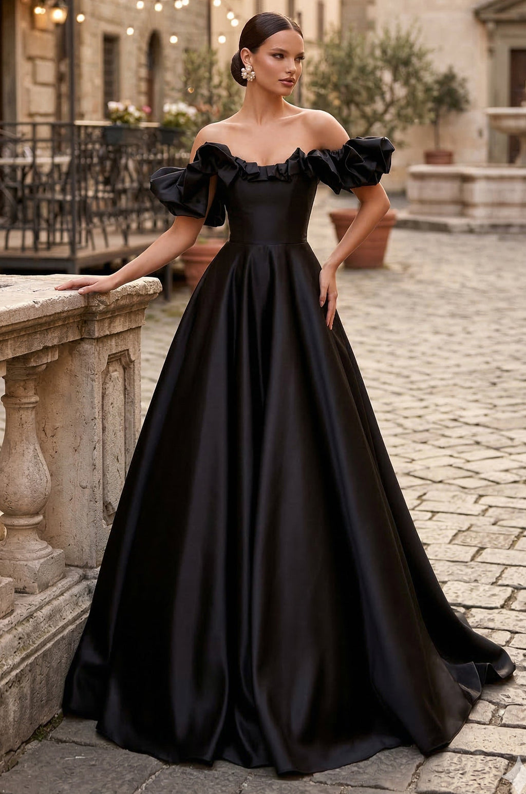 Vestido de Graduación Largo Estilo Princesa de Satén con Volantes y Hombros Descubiertos Negro