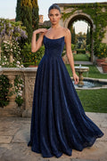 Vestido de Graduación Largo Formal Metálico de Corte A con Corsé Azul Marino