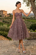Vestido de Cóctel Formal Sin Tirantes Corte en A de Encaje Floral Midi Malva