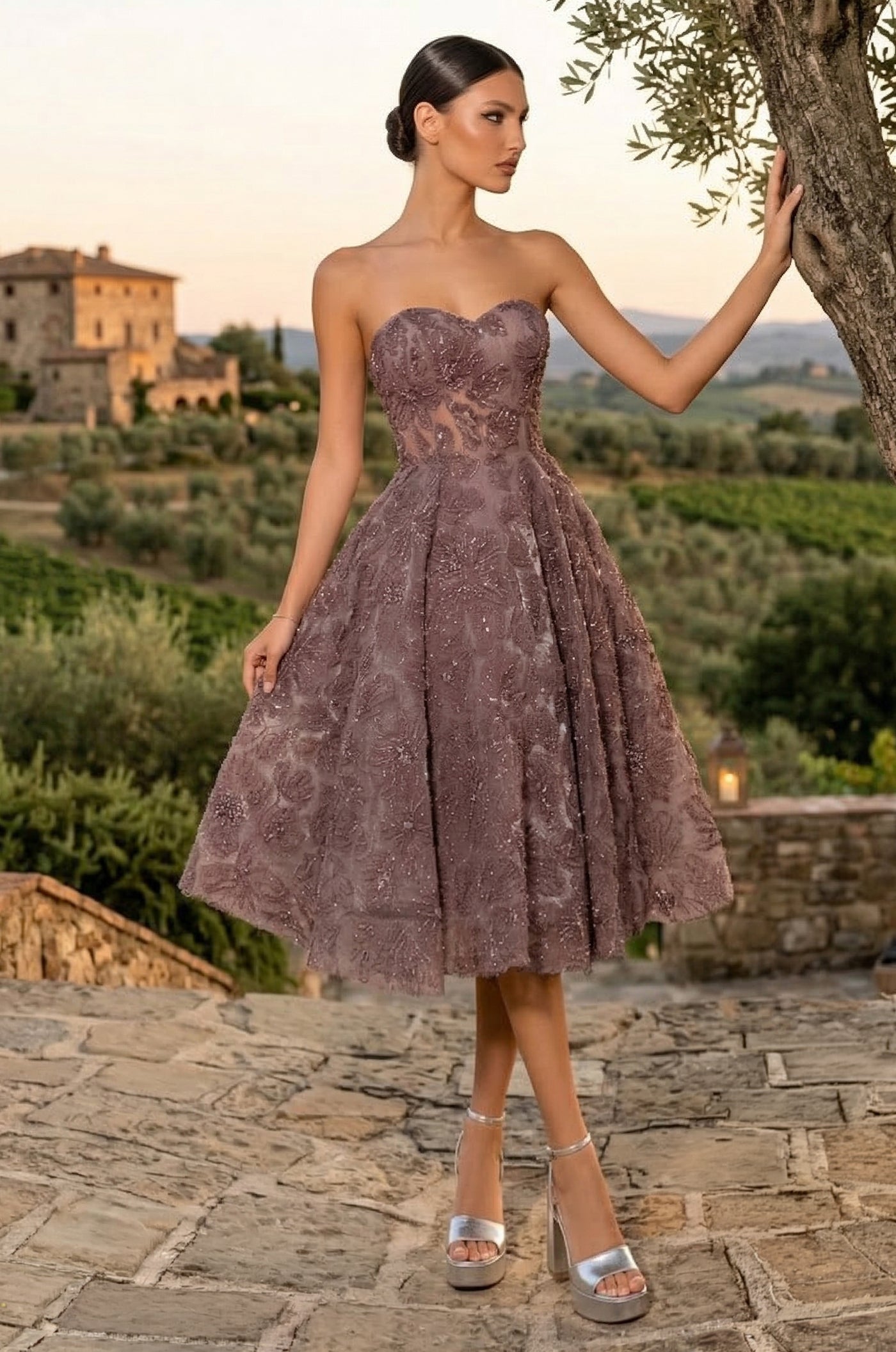 Vestido de Cóctel Formal Sin Tirantes Corte en A de Encaje Floral Midi Malva