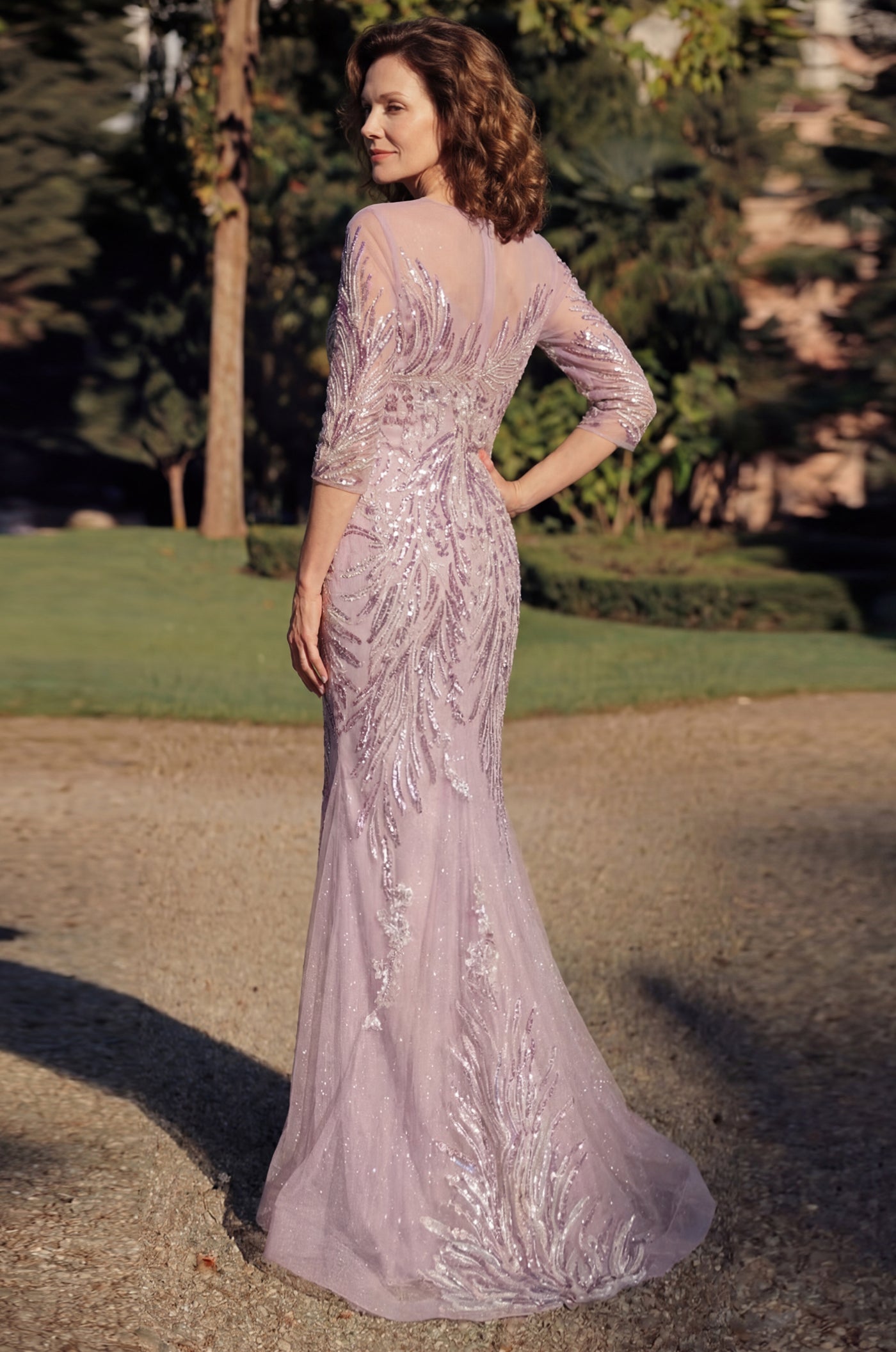 Vestido de Noche Formal de Manga Larga con Plumas y Lentejuelas Malva