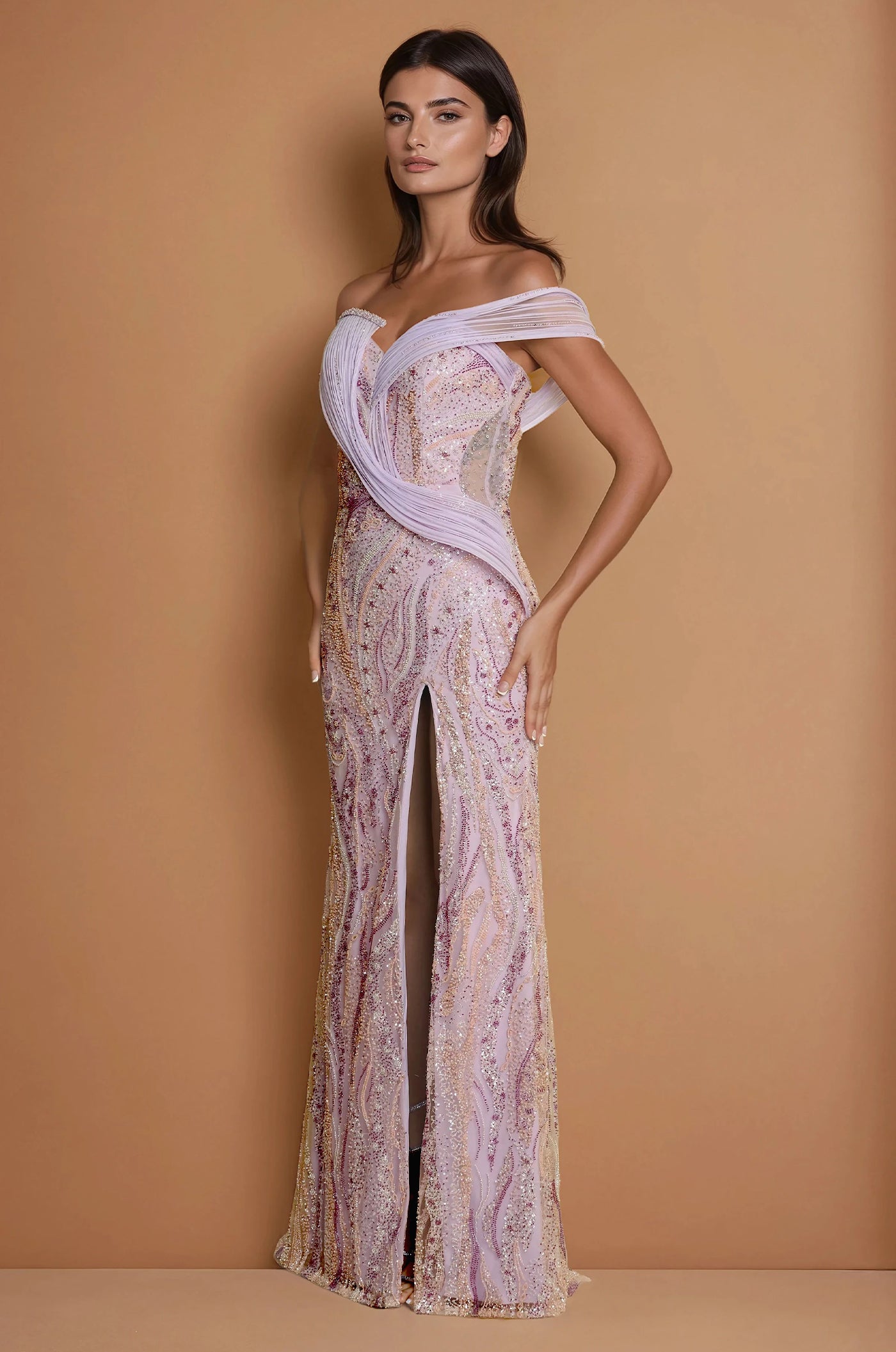 Vestido Formal Couture Escultural Arquitectónico con Abalorios Rosa