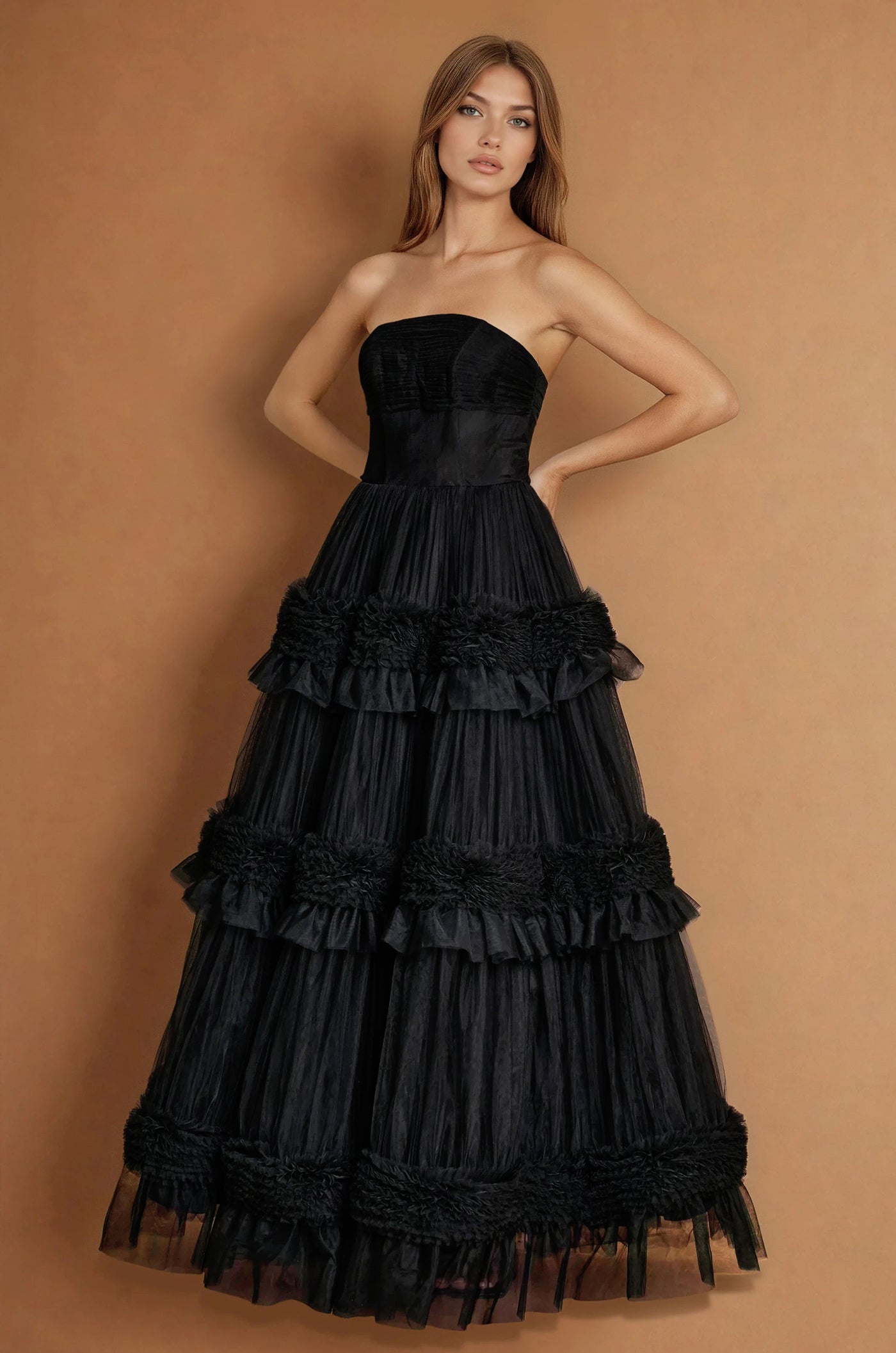 Kos Couture Vestido Largo de Gala con Capas para Graduación y Eventos Formales
