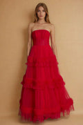 Vestido de Gala de Graduación Largo a Capas Formal Rojo