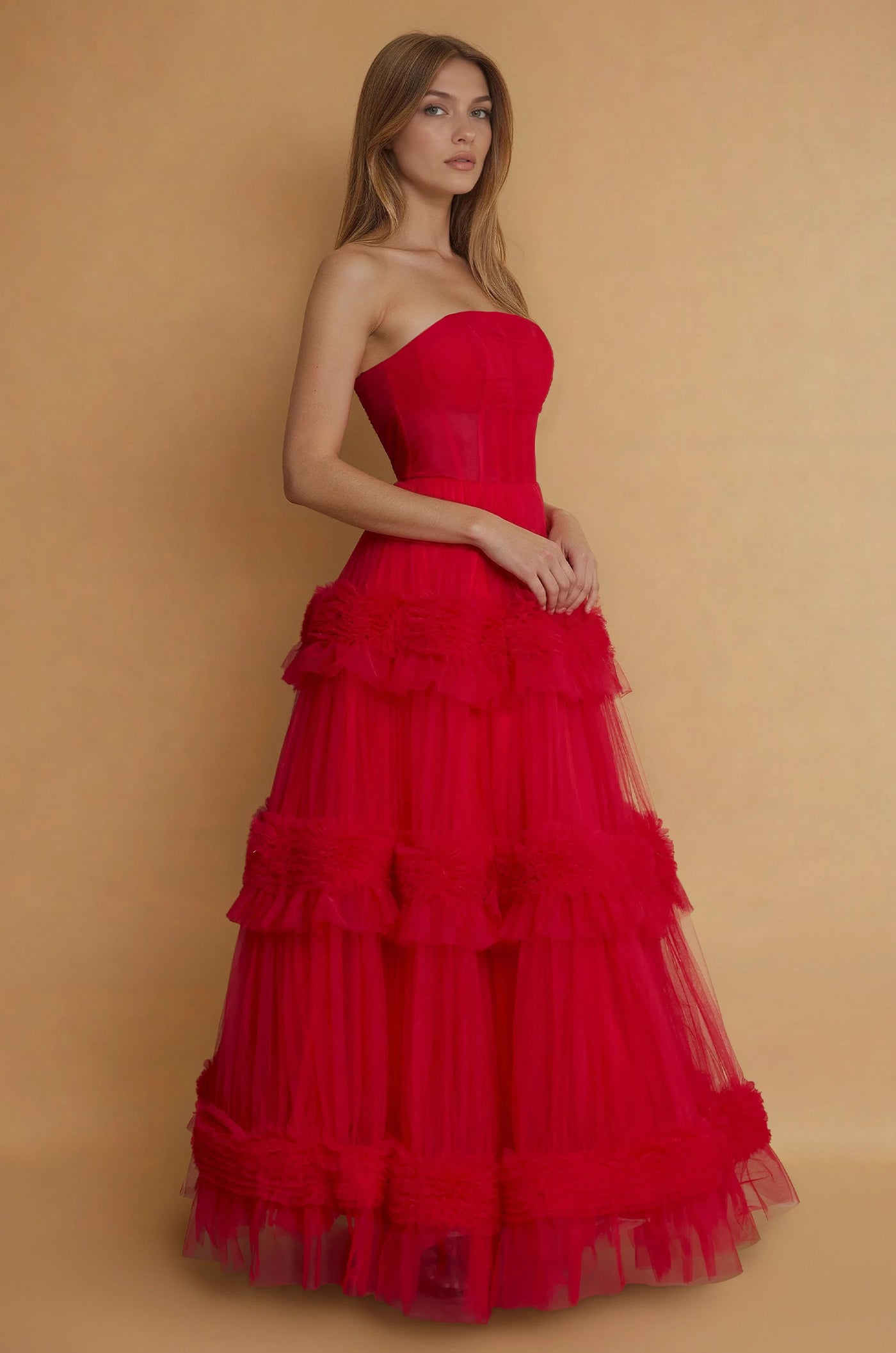 Vestido de Gala de Graduación Largo con Capas Rojo