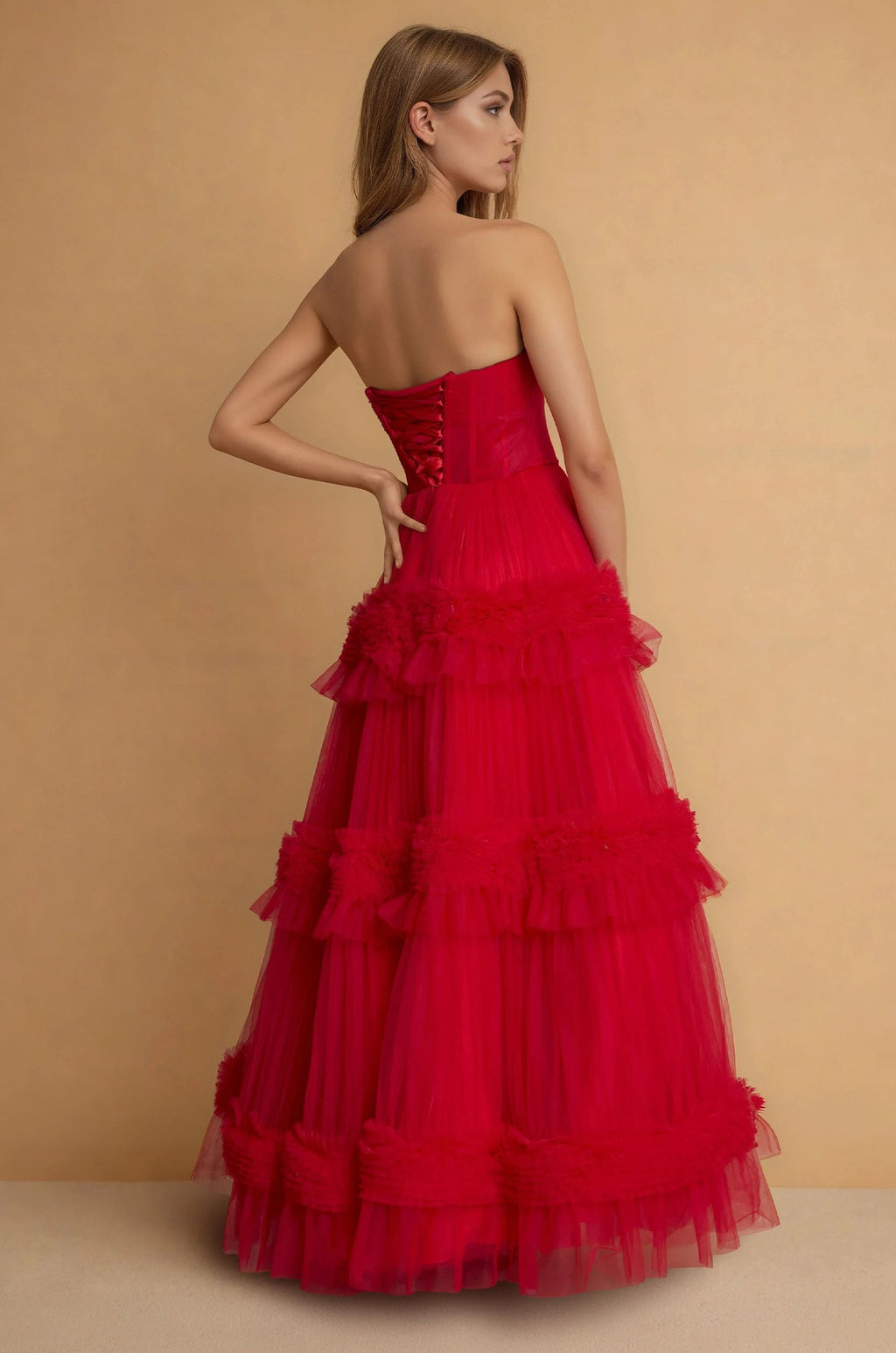 Vestido de Gala de Graduación Largo a Capas Formal Rojo