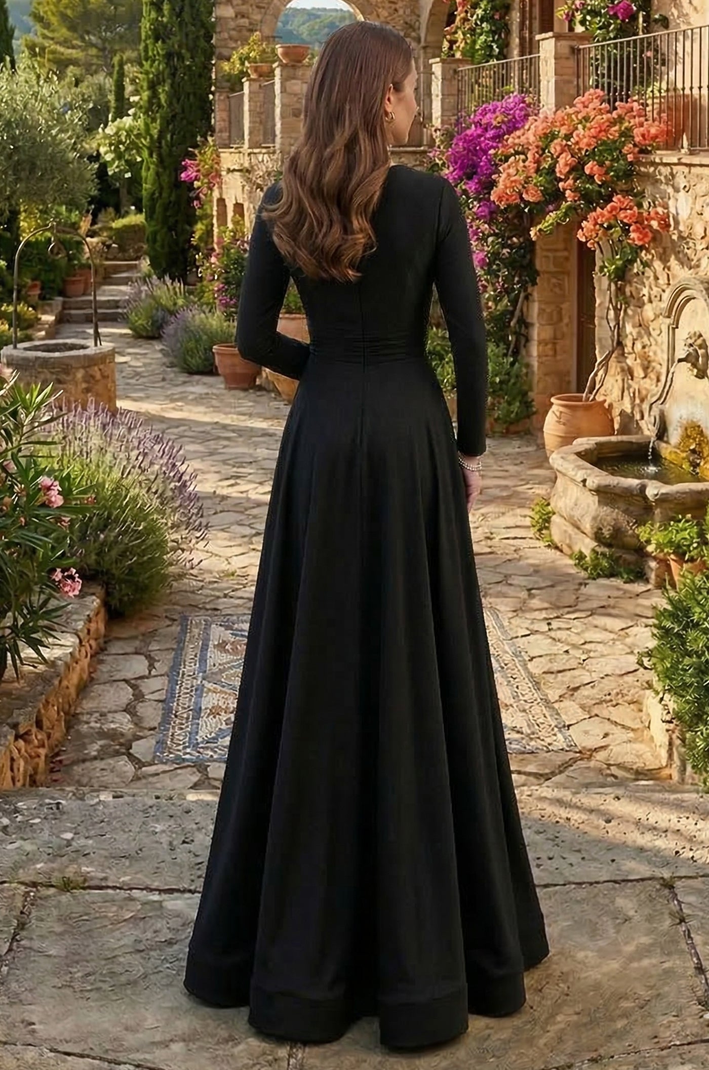 Vestido Formal Largo Escote V de Jersey Elástico Negro