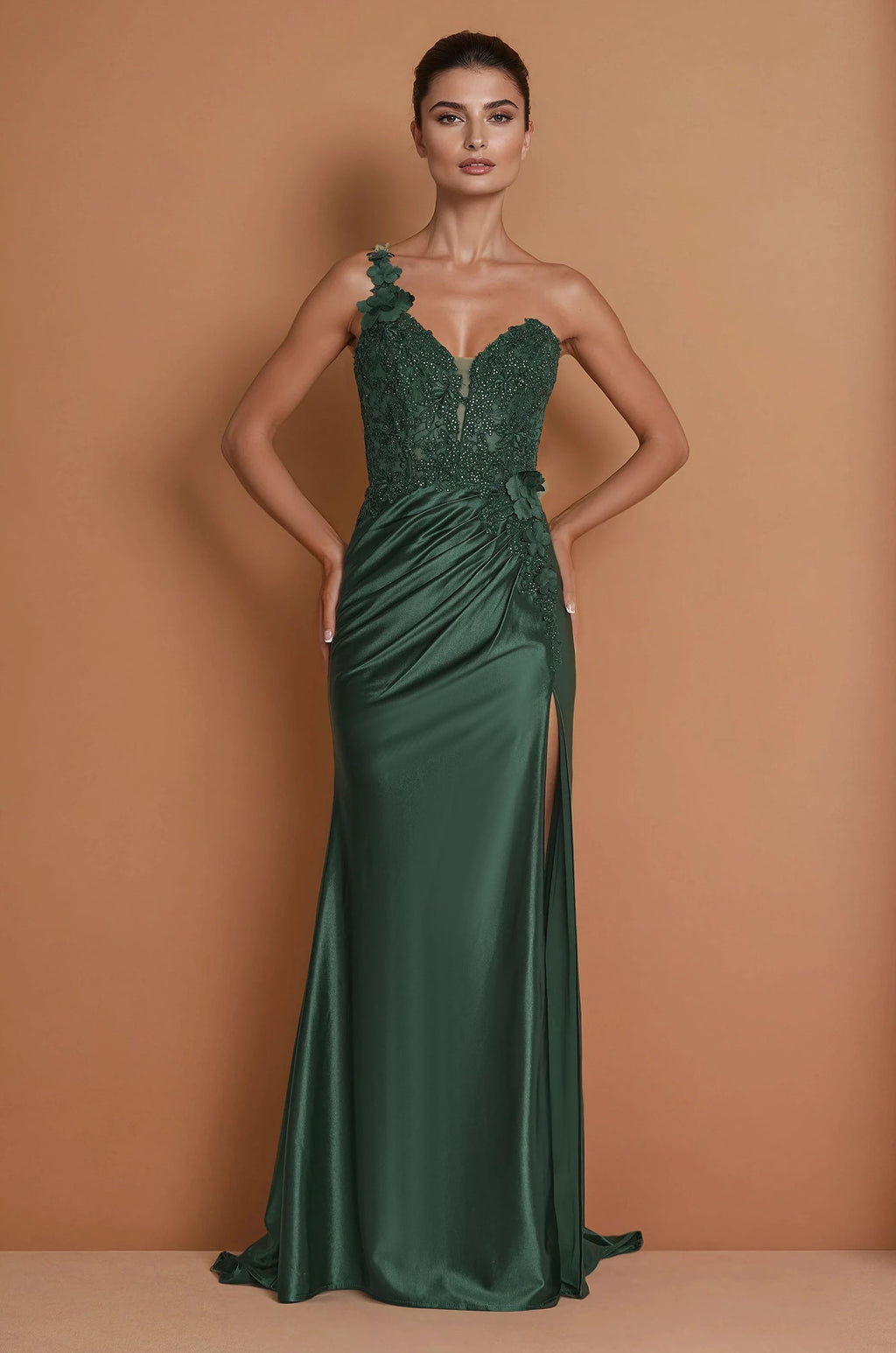 Vestido Formal de un Hombro con Corpiño de Encaje Verde Esmeralda