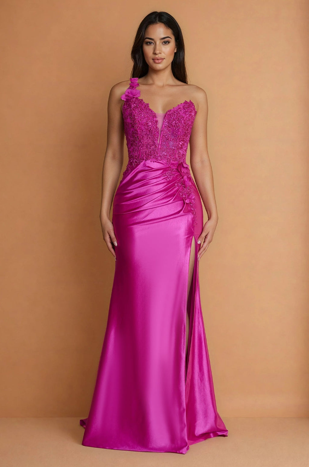 Vestido Formal de un Hombro con Corpiño de Encaje Fucsia