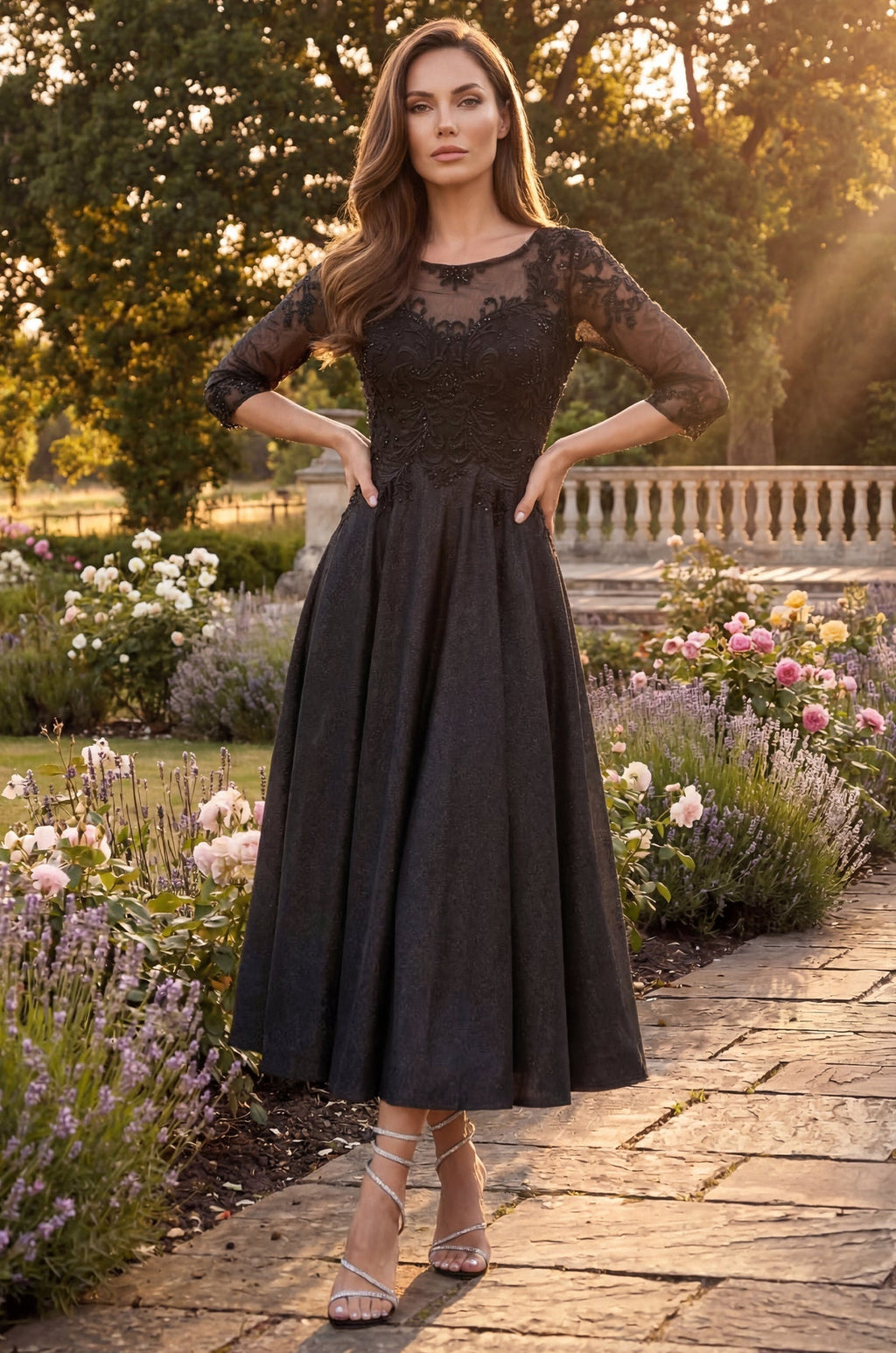 Vestido Formal de Corte en A con Bordado de Remolinos Brillantes Negro