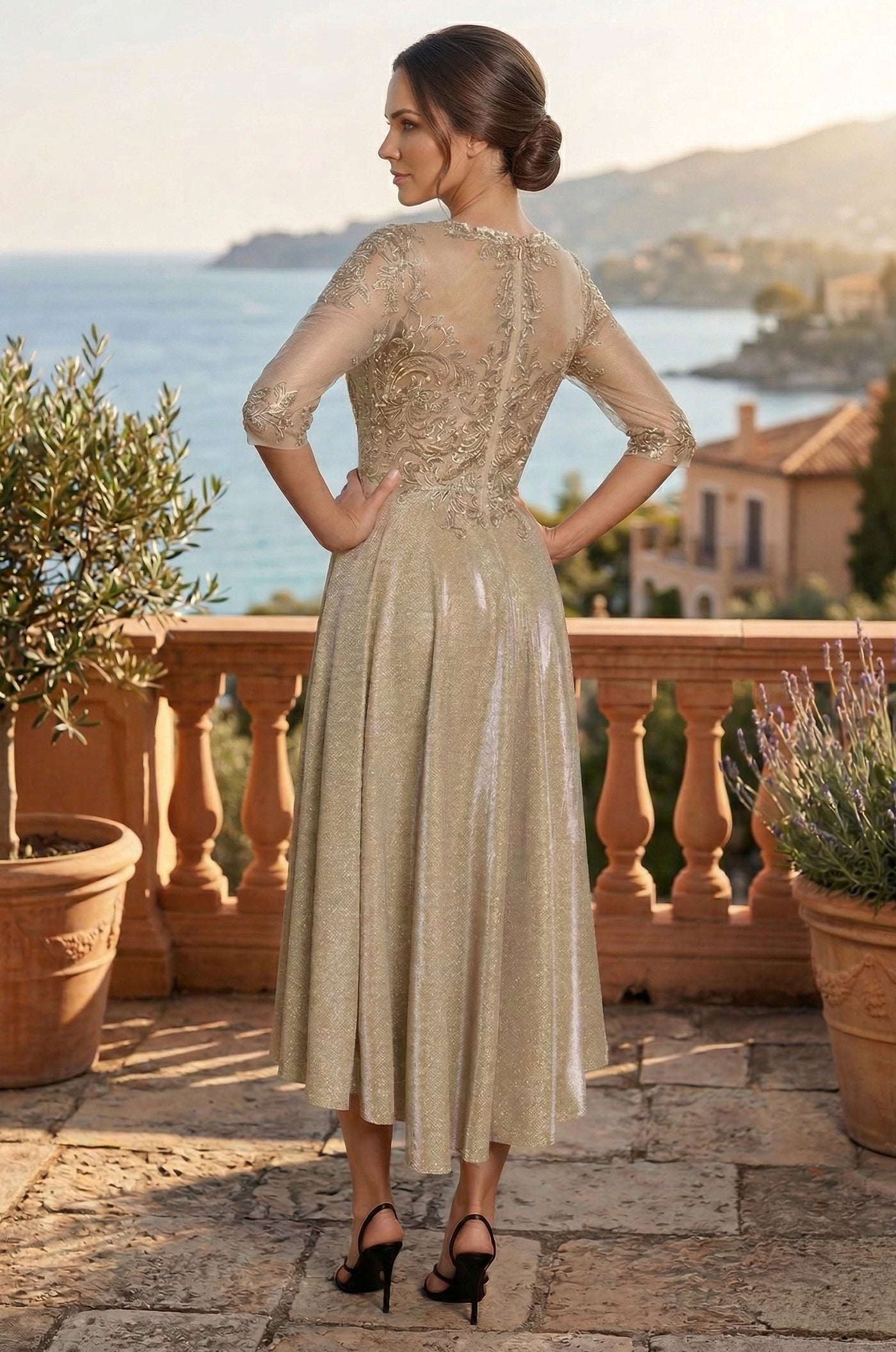 Kos Couture Vestido Formal Línea A con Bordado de Remolinos de Brillo