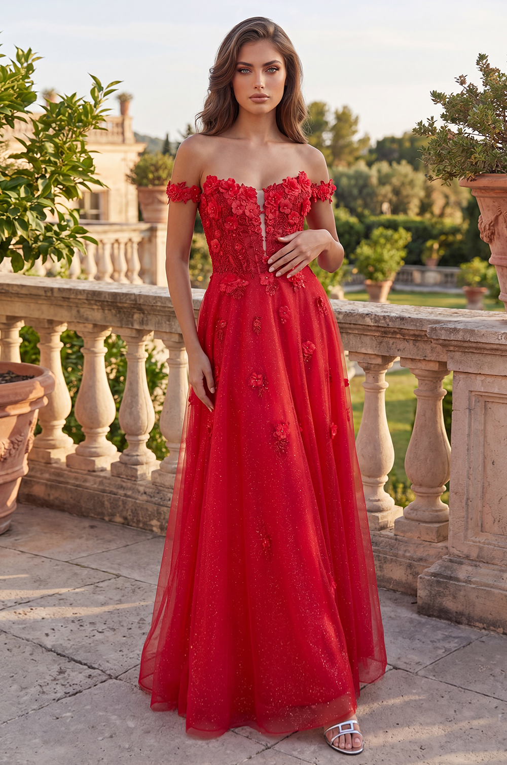 Kos Couture Vestido Largo de Graduación de Encaje con Mangas Desmontables