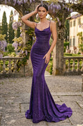 Vestido de Graduación Largo Formal Ajustado con Corsé y Cuello de Capucha Metálico Morado