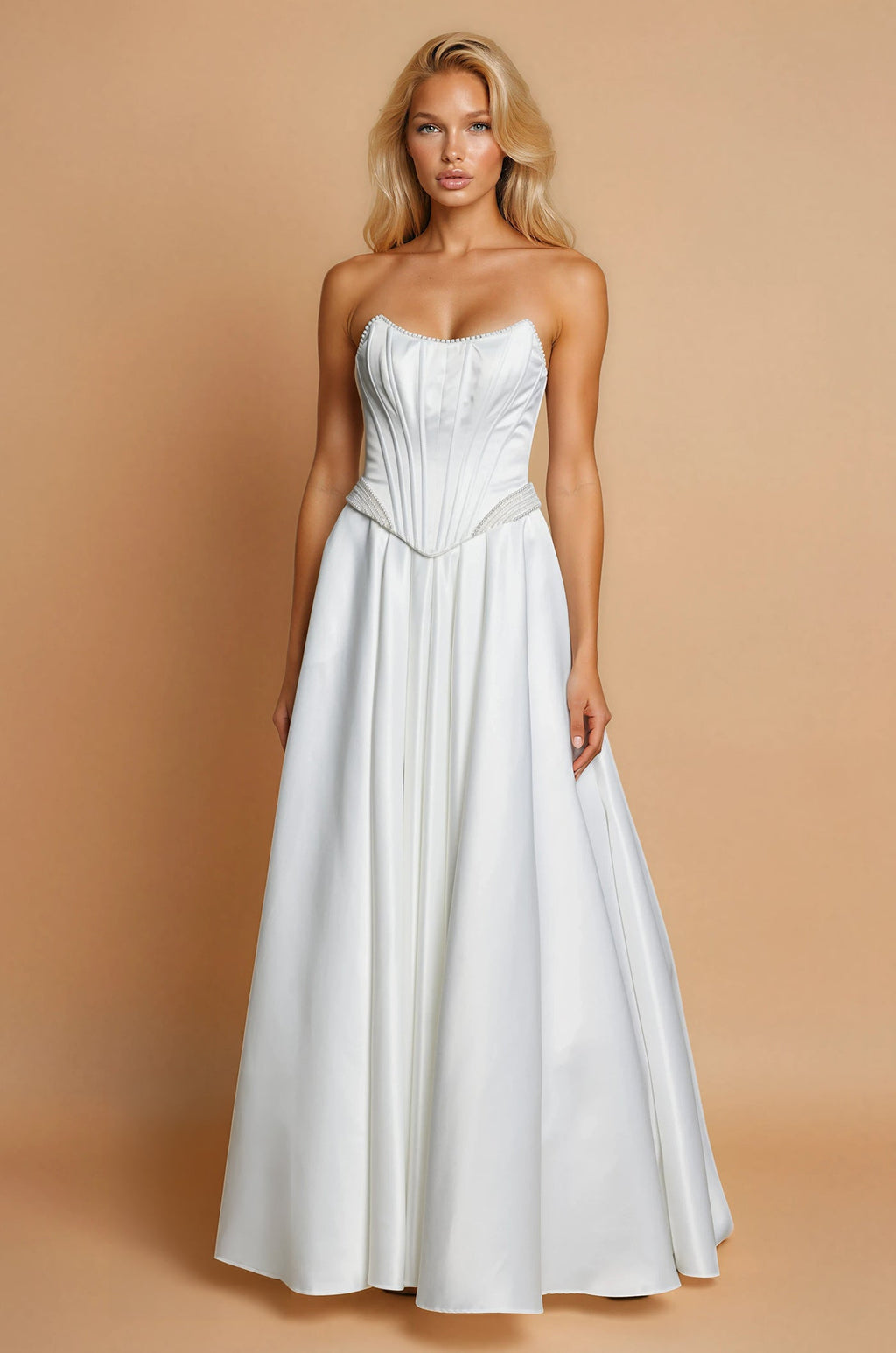 Vestido de Novia Largo de Satén Sin Tirantes Corte A con Abertura Alta y Bolsillos Marfil