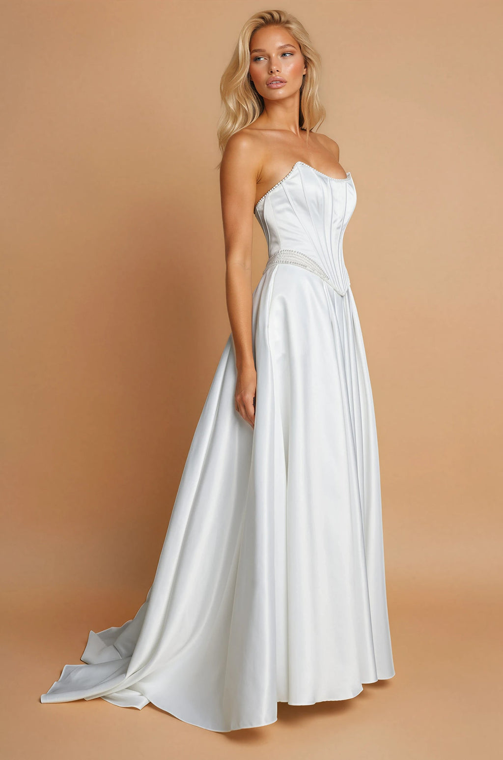Vestido de Novia Largo de Satén Línea A Sin Tirantes con Abertura Alta y Bolsillos Marfil