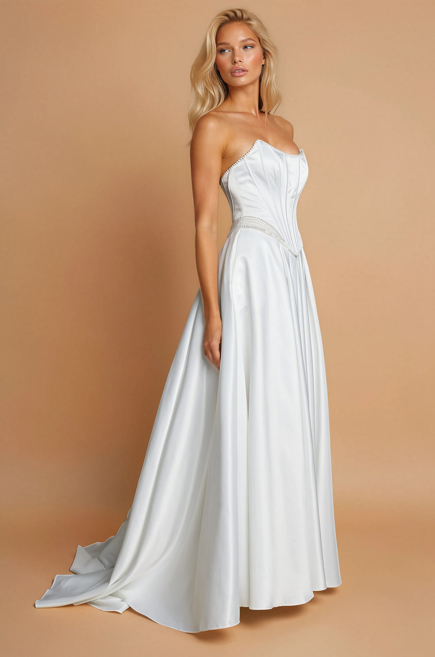 Vestido de Novia Largo de Satén Línea A Sin Tirantes con Abertura Alta y Bolsillos Marfil