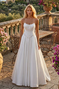 Vestido de Novia Largo de Satén Sin Tirantes Corte A con Abertura Alta y Bolsillos Marfil