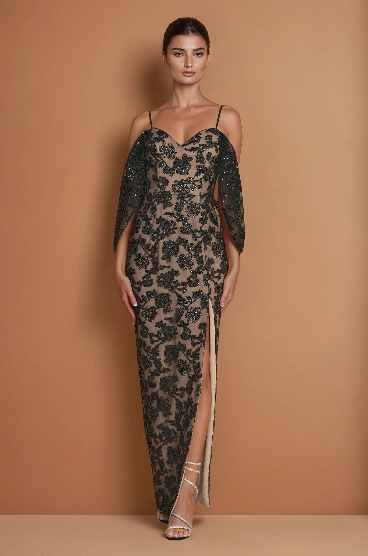 Vestido de Cóctel Formal de Etiqueta Negro / Nude