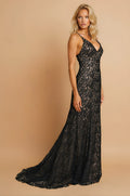 Vestido de Gala Largo de Encaje Ajustado Negro/Nude