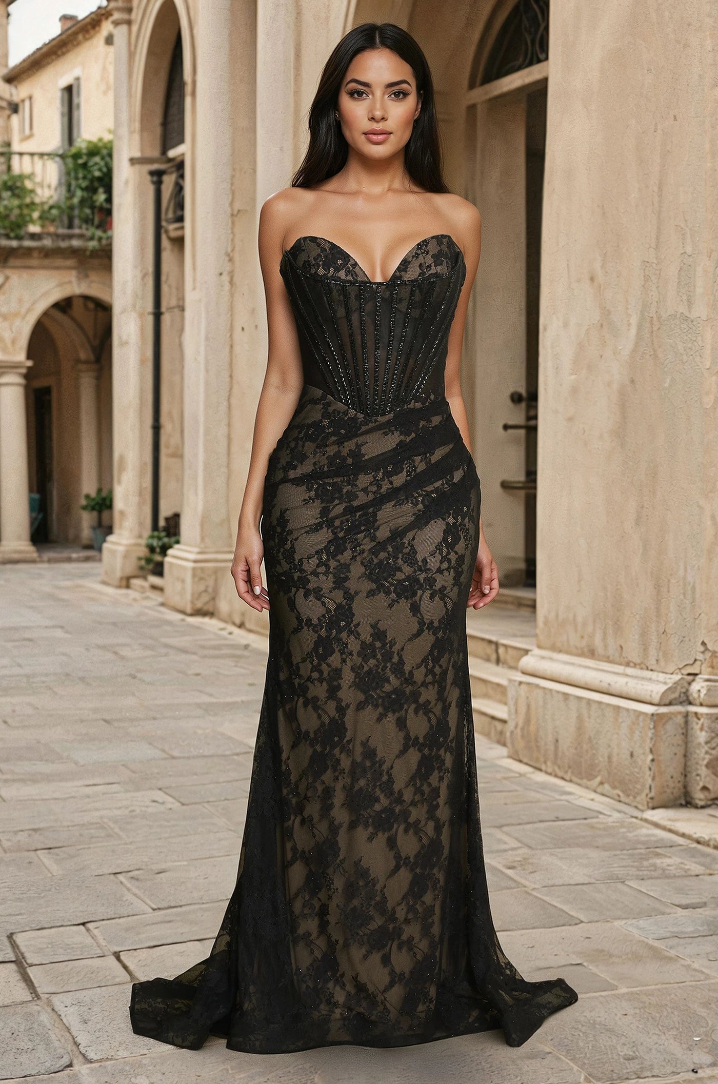 Kos Couture Vestido de Noche Formal con Encaje y Corset