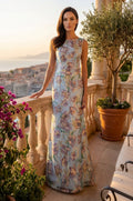 Vestido Largo Formal de Noche con Estampado Floral y Cuello Redondo Azul