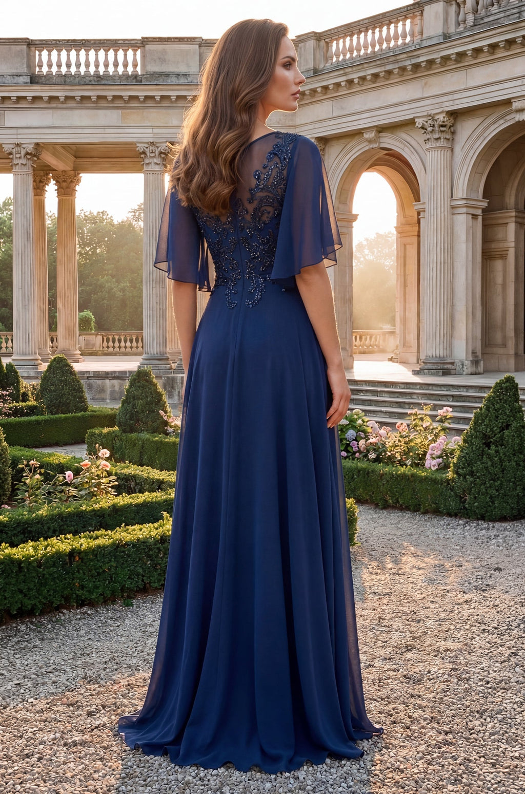 Vestido Largo de Gasa de Madre de la Novia con Escote en V Azul Marino
