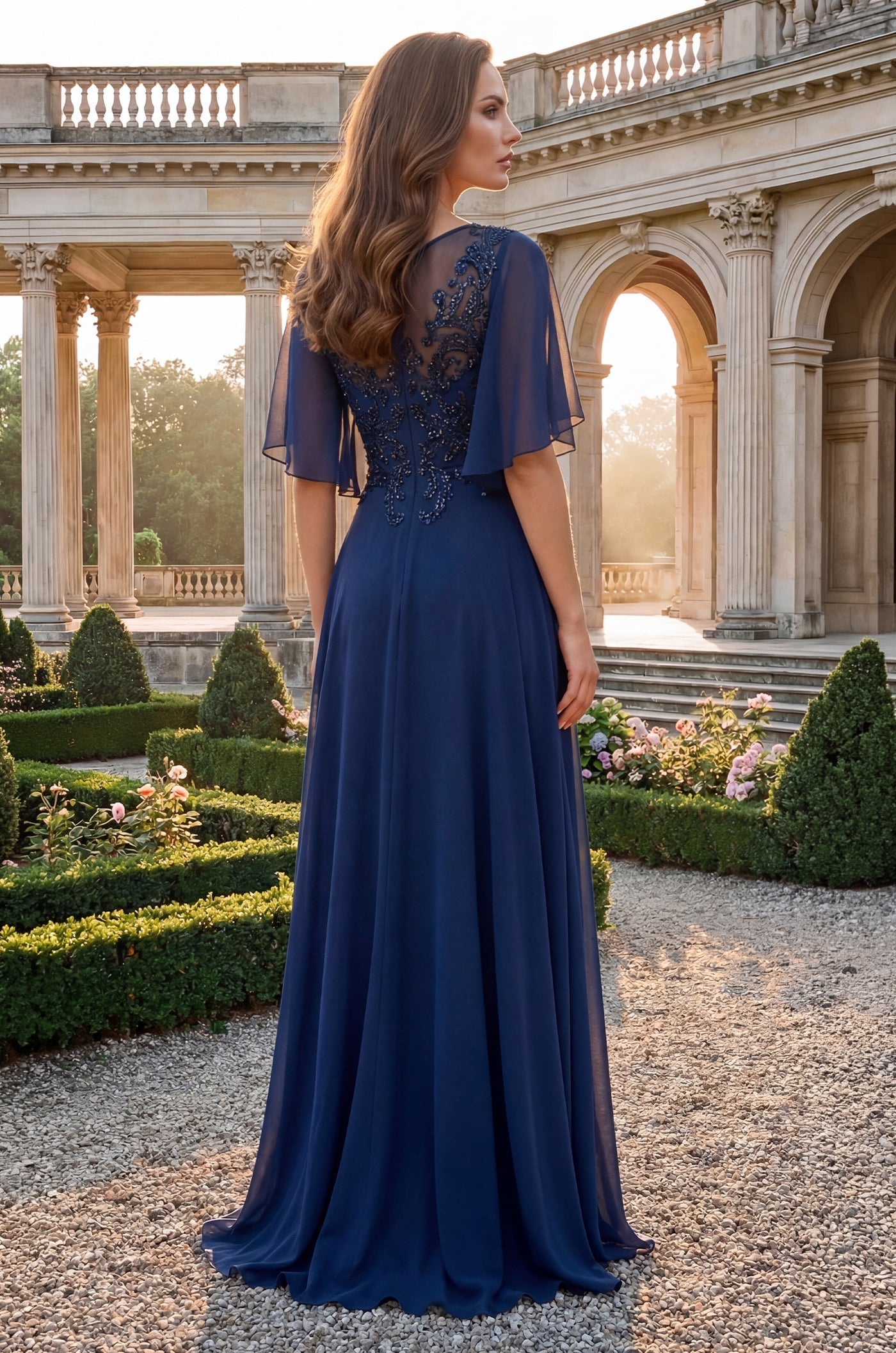 Vestido Largo de Gasa de Madre de la Novia con Escote en V Azul Marino