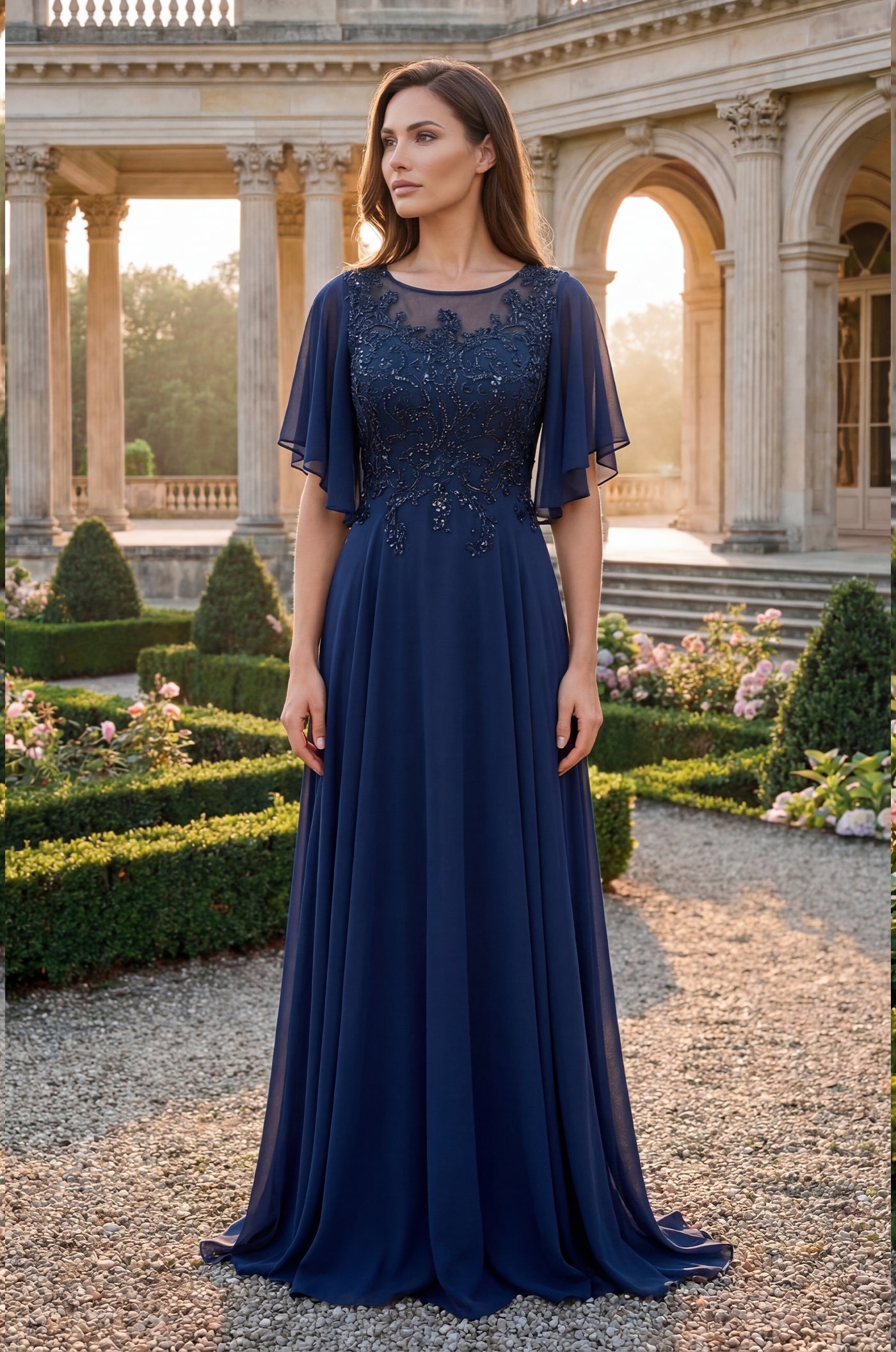 Vestido Largo de Gasa de Madre de la Novia con Escote en V Azul Marino