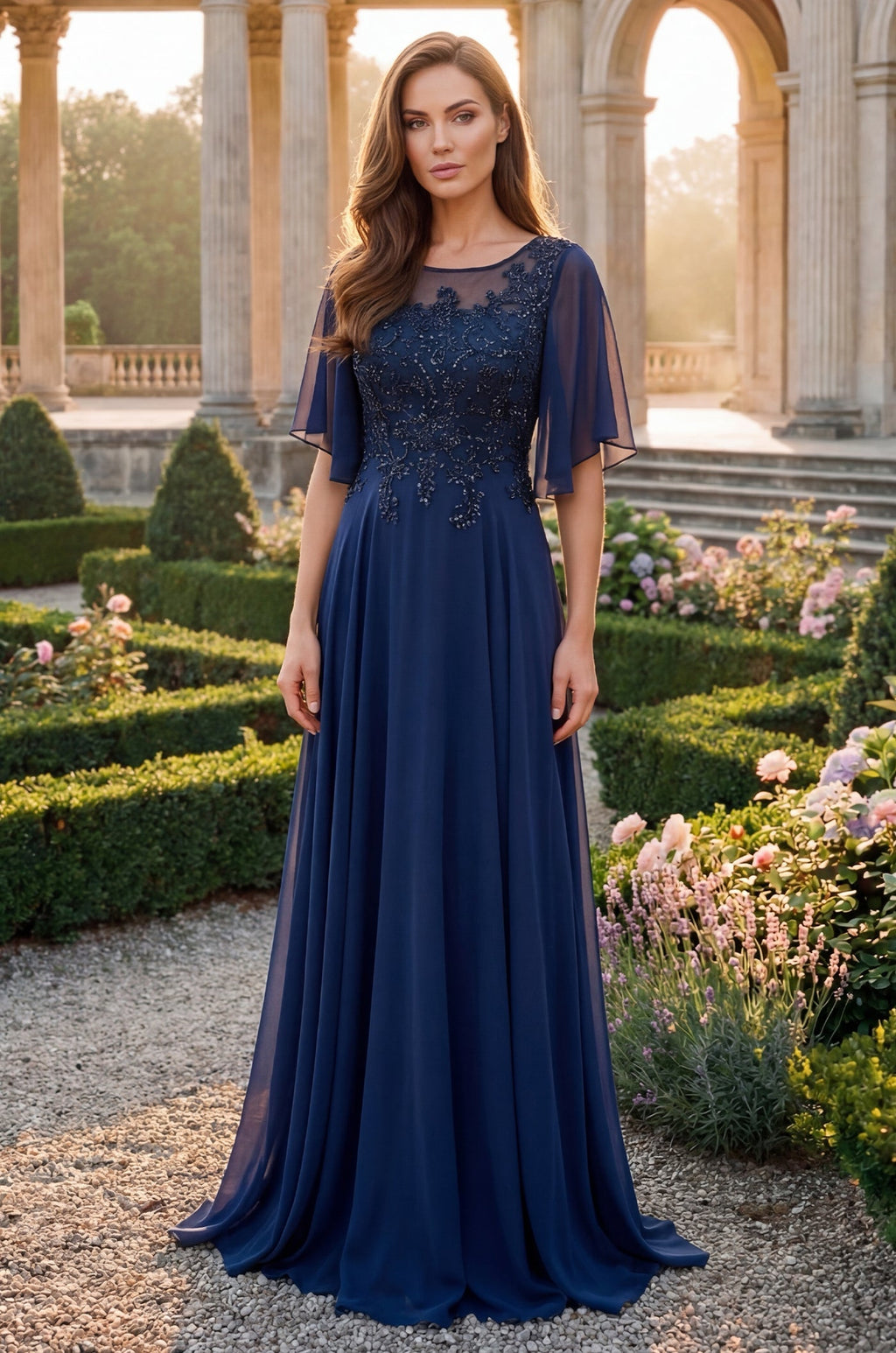 Vestido Largo de Gasa de Madre de la Novia con Escote en V Azul Marino