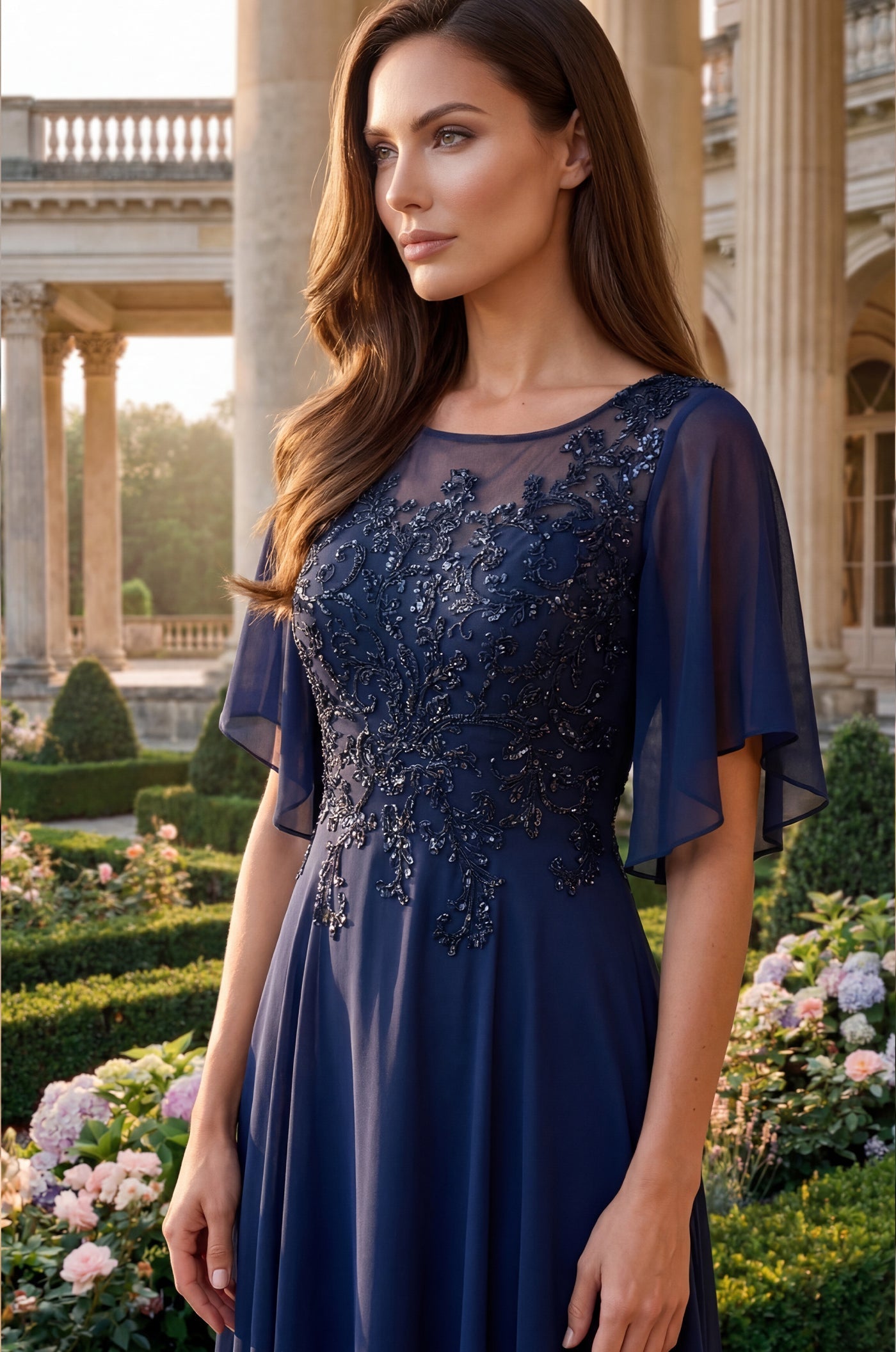 Vestido Largo de Gasa para Madre de la Novia Escote V Azul Marino