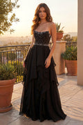 Vestido de Gala Largo de Graduación con Corsé de Perlas y Abalorios Negro