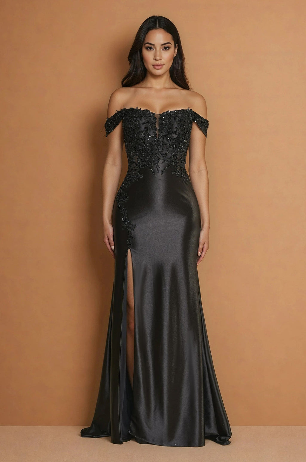 Vestido Formal Ajustado Tipo Corsé con Hombros Descubiertos Negro