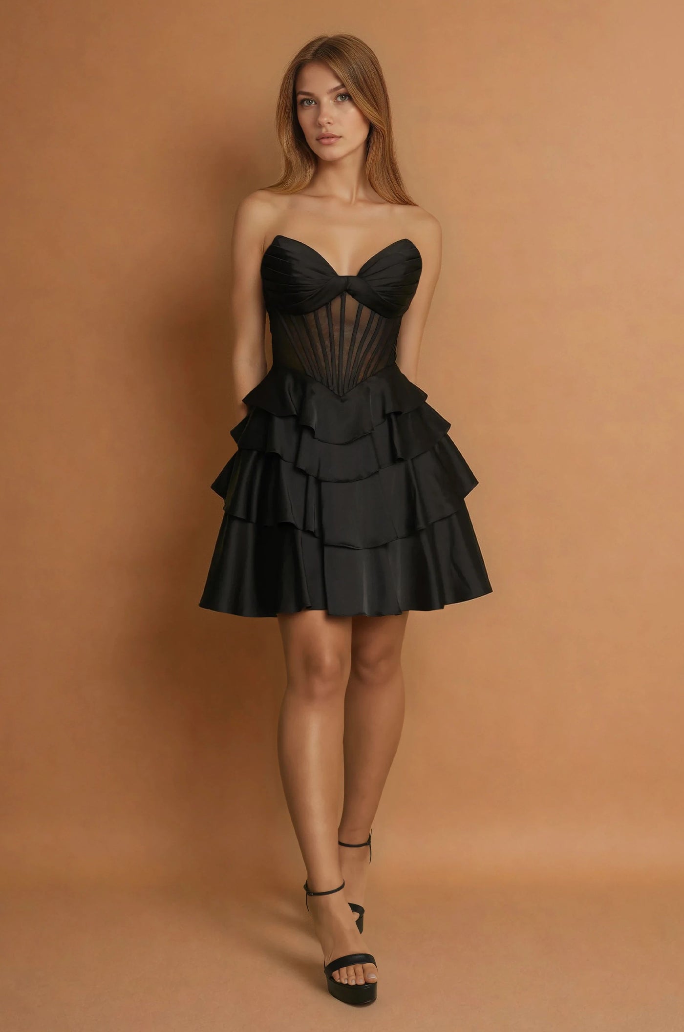 Vestido de Cóctel Corto Formal con Falda de Capas Negro