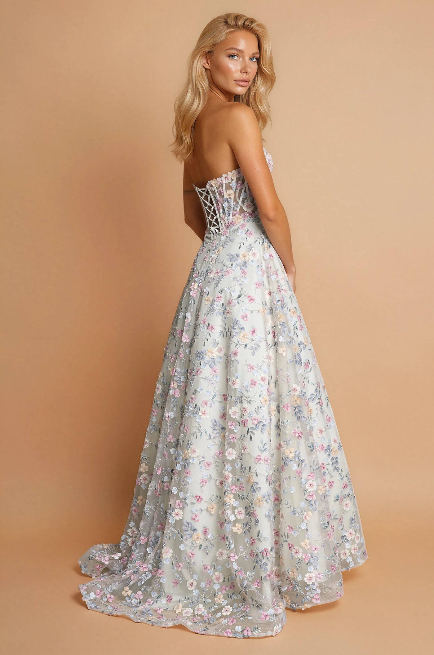 Vestido de Graduación de Gala con Corsé y Flores 3D Multicolor
