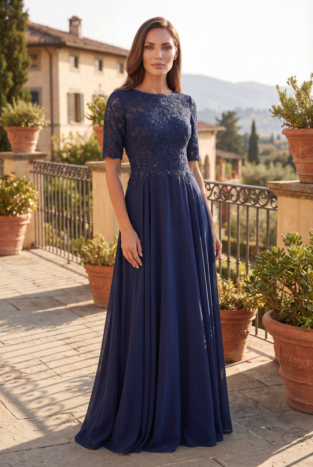 Kos Couture Vestido de Madre de la Novia de Encaje con Manga Corta
