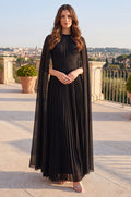 Kos Couture Vestido Largo Formal Plisado Línea A Cuello Alto con Manga Capa