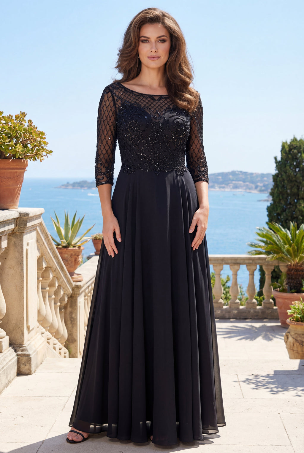 Kos Couture Vestido de Manga Larga con Abalorios Hechos a Mano para Madre de la Novia